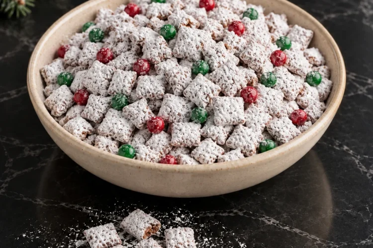 A cream stoneware bowl heaped with Christmas puppy chow, small cereal squares in a thick white powdered sugar coat mixed with red and green candy-coated chocolates, a few pieces and a drift of sugar spilled on black marble and a pine sprig at the edge.