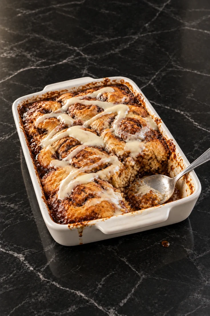 A white 9x13 dish of cinnamon roll dump cake with golden swirled rolls, ribbons of cream cheese icing and dark caramel sauce bubbling at the edges, one corner scooped out with a serving spoon resting in the gap.