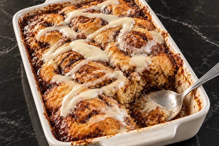 A white 9x13 dish of cinnamon roll dump cake with golden swirled rolls, ribbons of cream cheese icing and dark caramel sauce bubbling at the edges, one corner scooped out with a serving spoon resting in the gap.