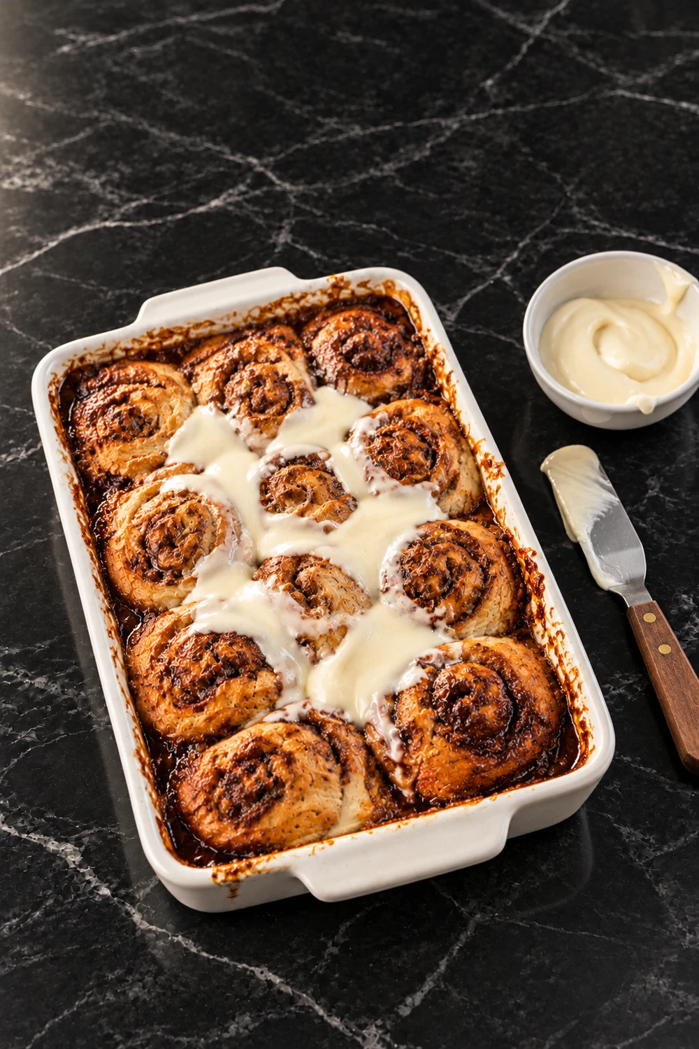 The baked dump cake seen from above with deep golden cinnamon rolls, dark caramel at the edges and dollops of cream cheese icing melting into the swirls, next to a small bowl of icing and an offset spatula.