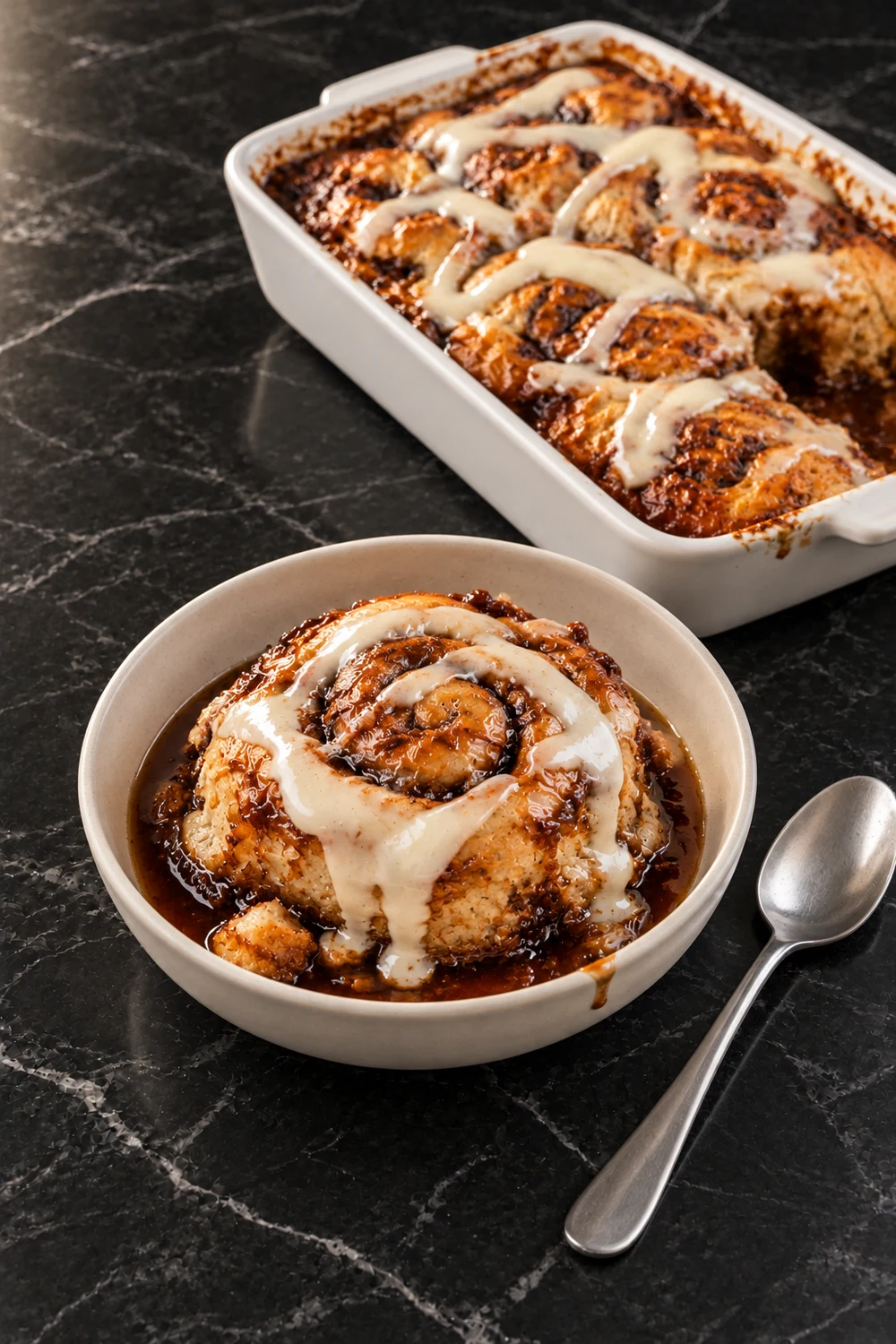 One cinnamon roll in a shallow stoneware bowl, sitting in glossy brown caramel sauce with icing dripping down its sides, a spoon beside the bowl and the baking dish behind it.
