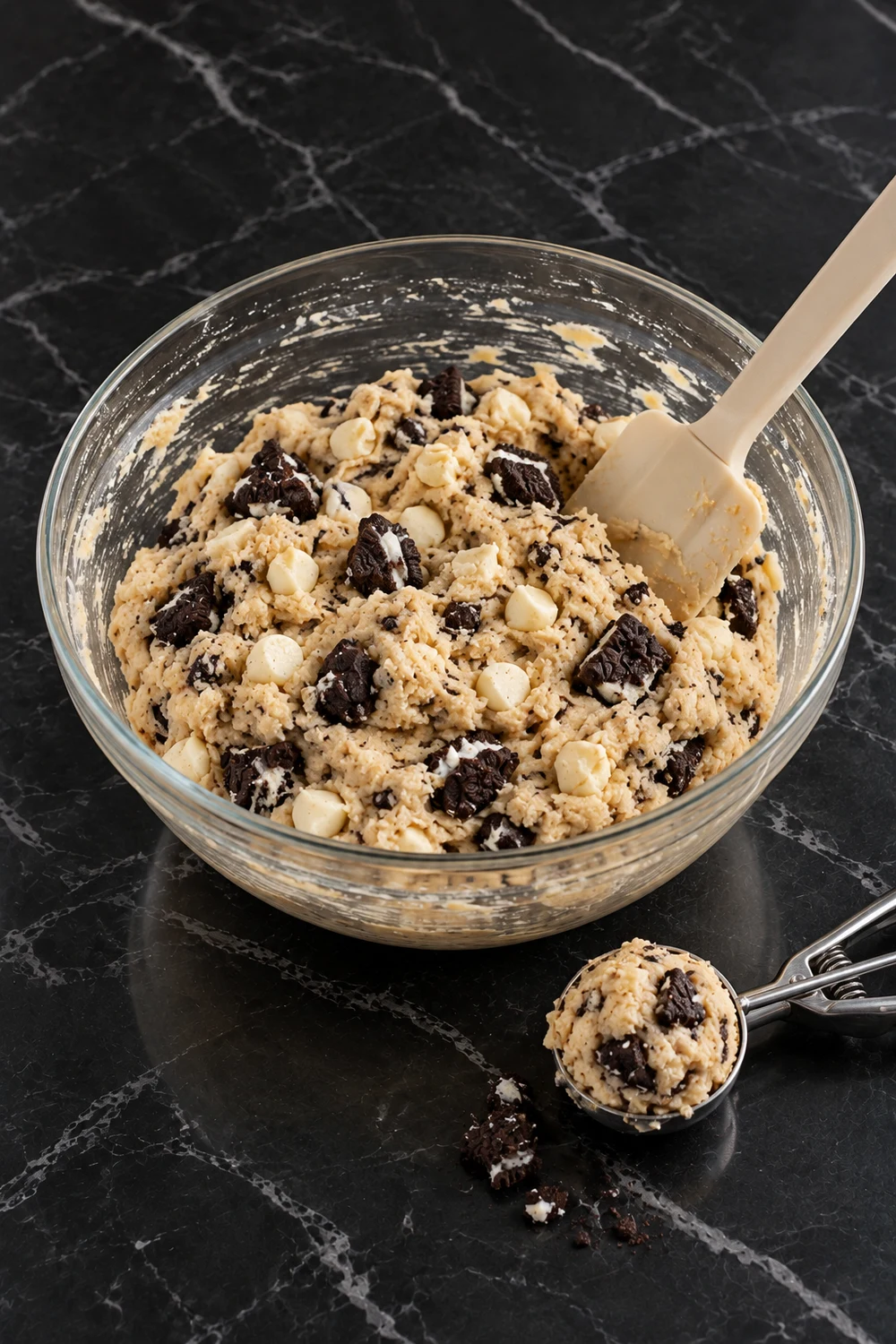 Thick pale cookie dough full of Oreo chunks and white chocolate chips in a glass bowl with a spatula, and a cookie scoop holding one portion on the counter.