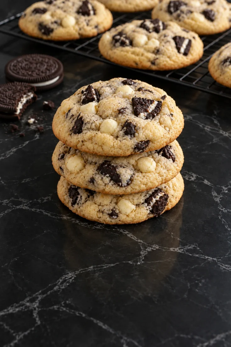 A stack of three thick cookies and cream cookies studded with Oreo chunks and white chocolate chips on a black marble counter, with two Oreos beside them and more cookies on a cooling rack behind.