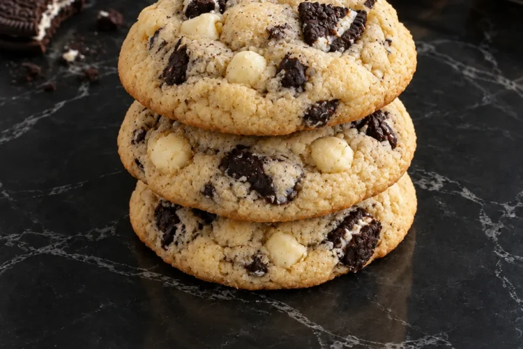 A stack of three thick cookies and cream cookies studded with Oreo chunks and white chocolate chips on a black marble counter, with two Oreos beside them and more cookies on a cooling rack behind.