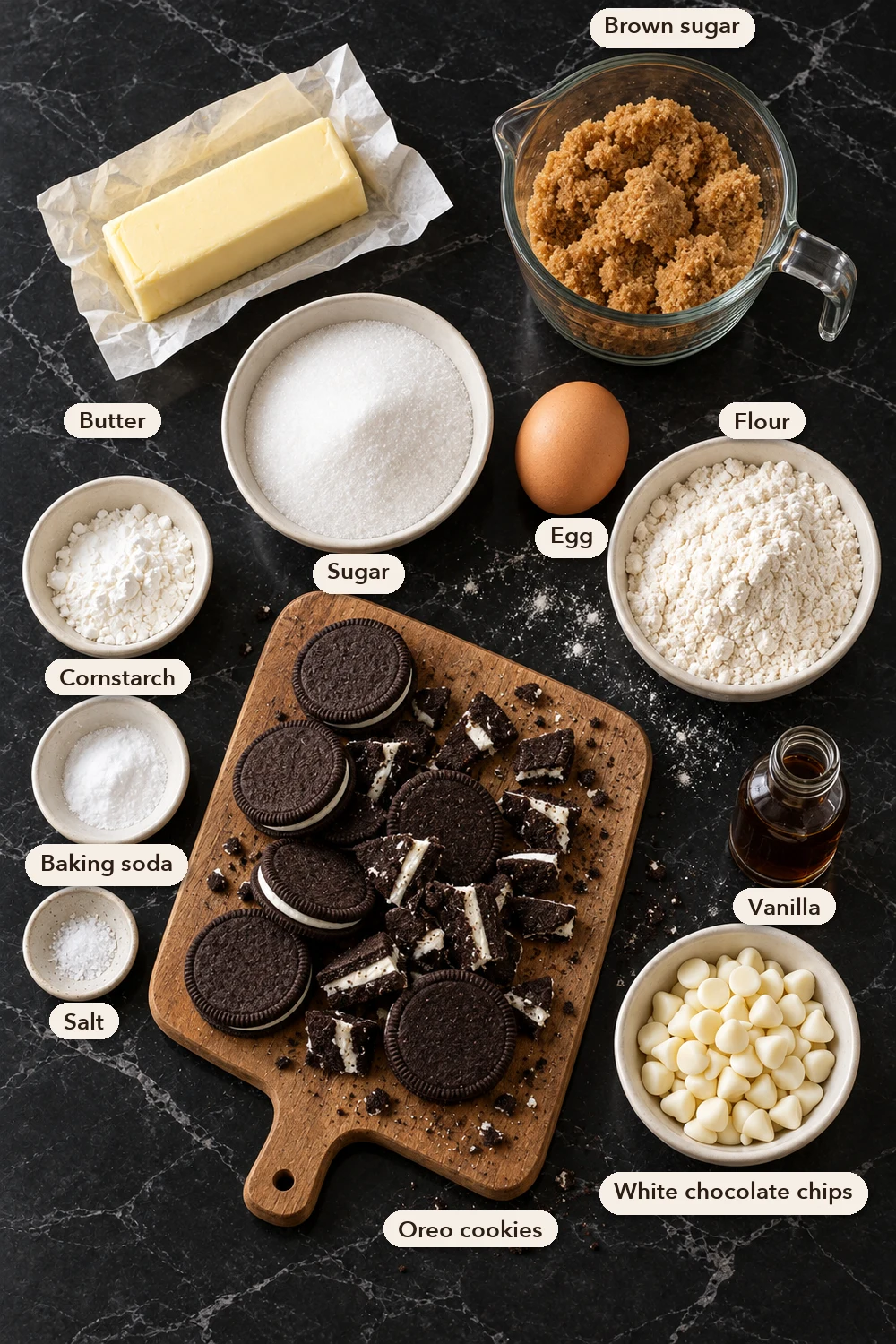 Labeled ingredients laid out on black marble: butter in its paper, brown sugar, white sugar, an egg, flour, cornstarch, baking soda, salt, vanilla, a board of whole and chopped Oreo cookies and a bowl of white chocolate chips.