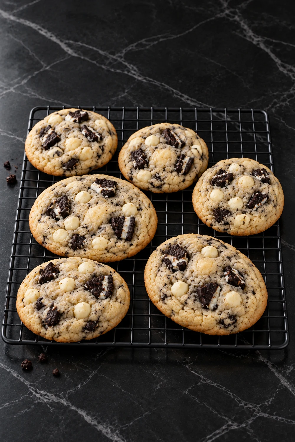 Six baked cookies and cream cookies with golden edges and soft centers cooling on a black wire rack, with a few Oreo crumbs on the marble.
