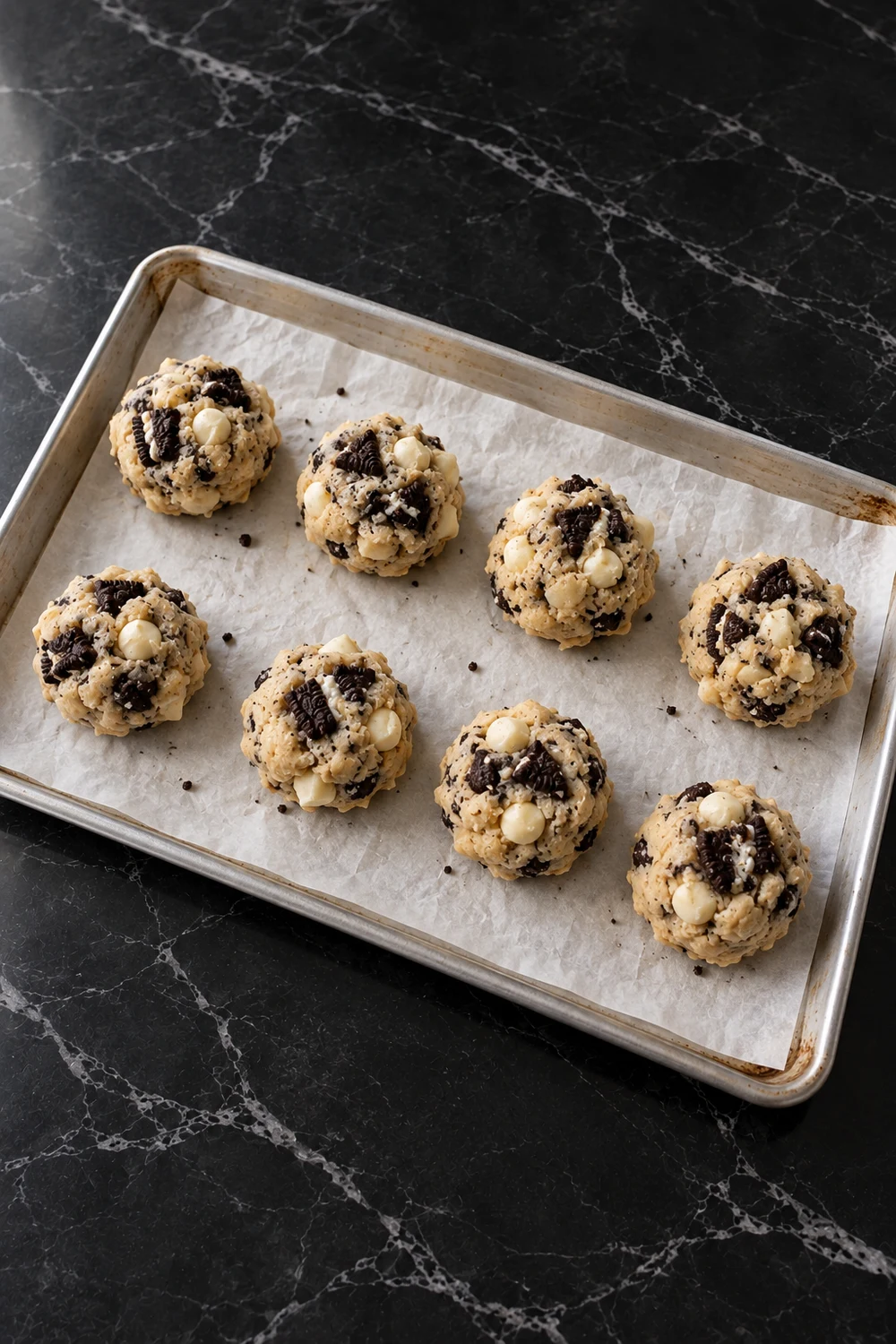 Eight tall, rough scoops of Oreo cookie dough in two loose rows on a parchment-lined sheet pan, ready to chill and bake.