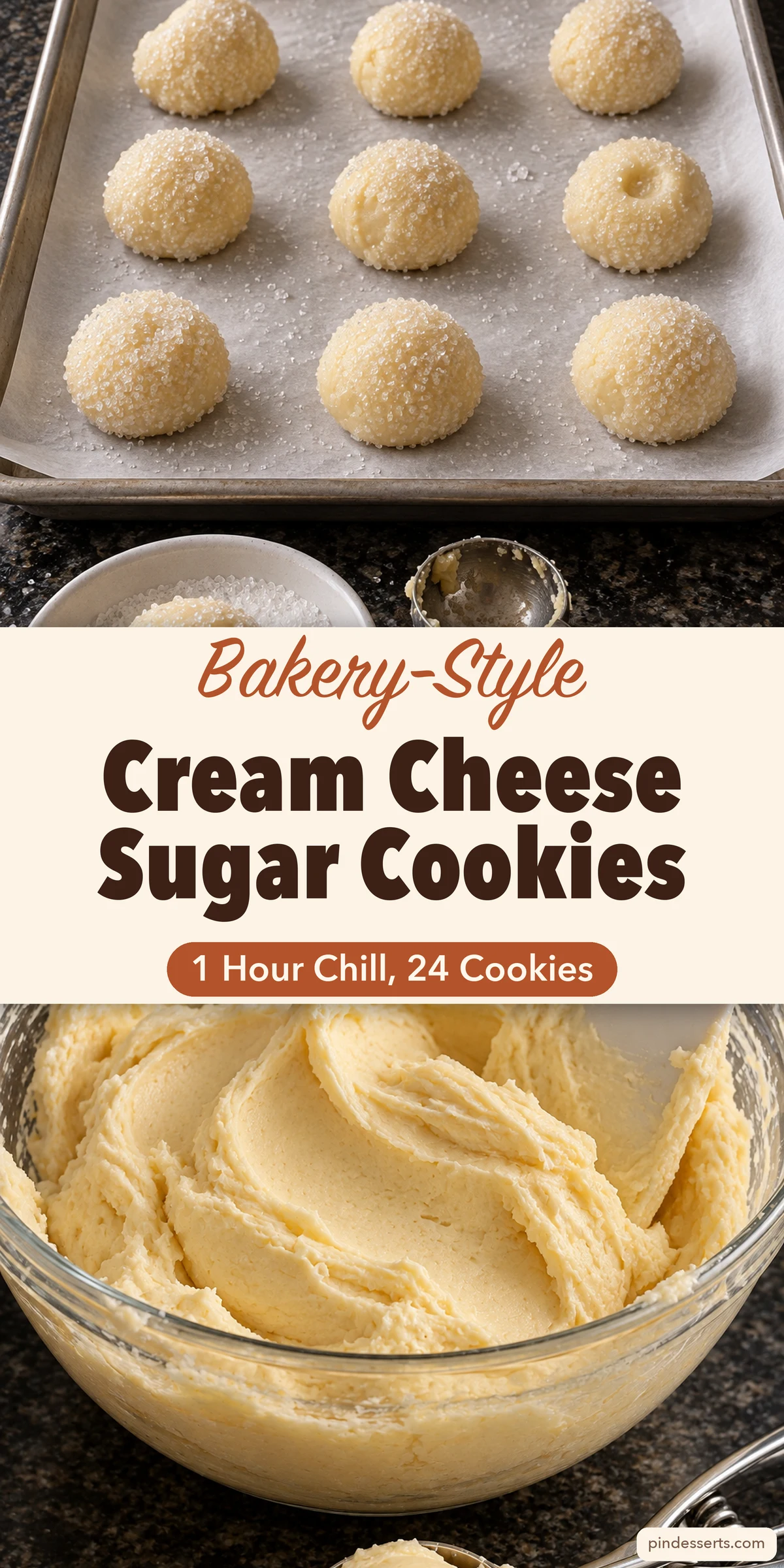 Sugar-coated dough balls on a sheet pan above a bowl of soft cookie dough, with a straight cream band reading Bakery-Style Cream Cheese Sugar Cookies, 1 Hour Chill, 24 Cookies.