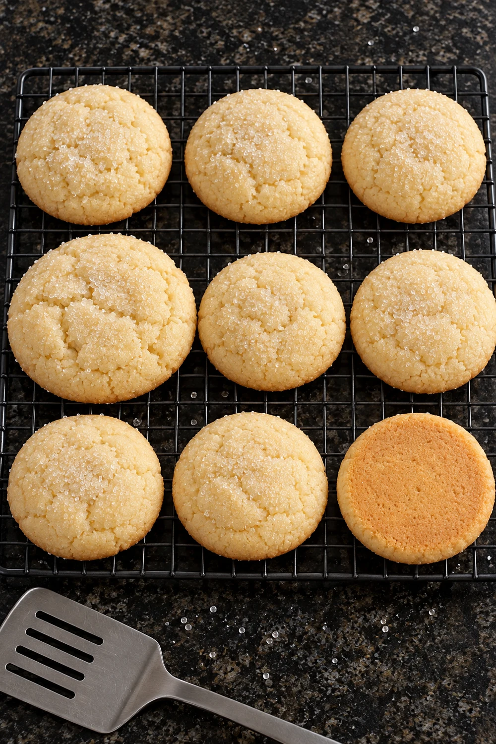 Eight soft cream cheese cookies on a black wire rack, the tops cracked and sugared and one turned over to show a light golden bottom, a metal spatula beside the rack.