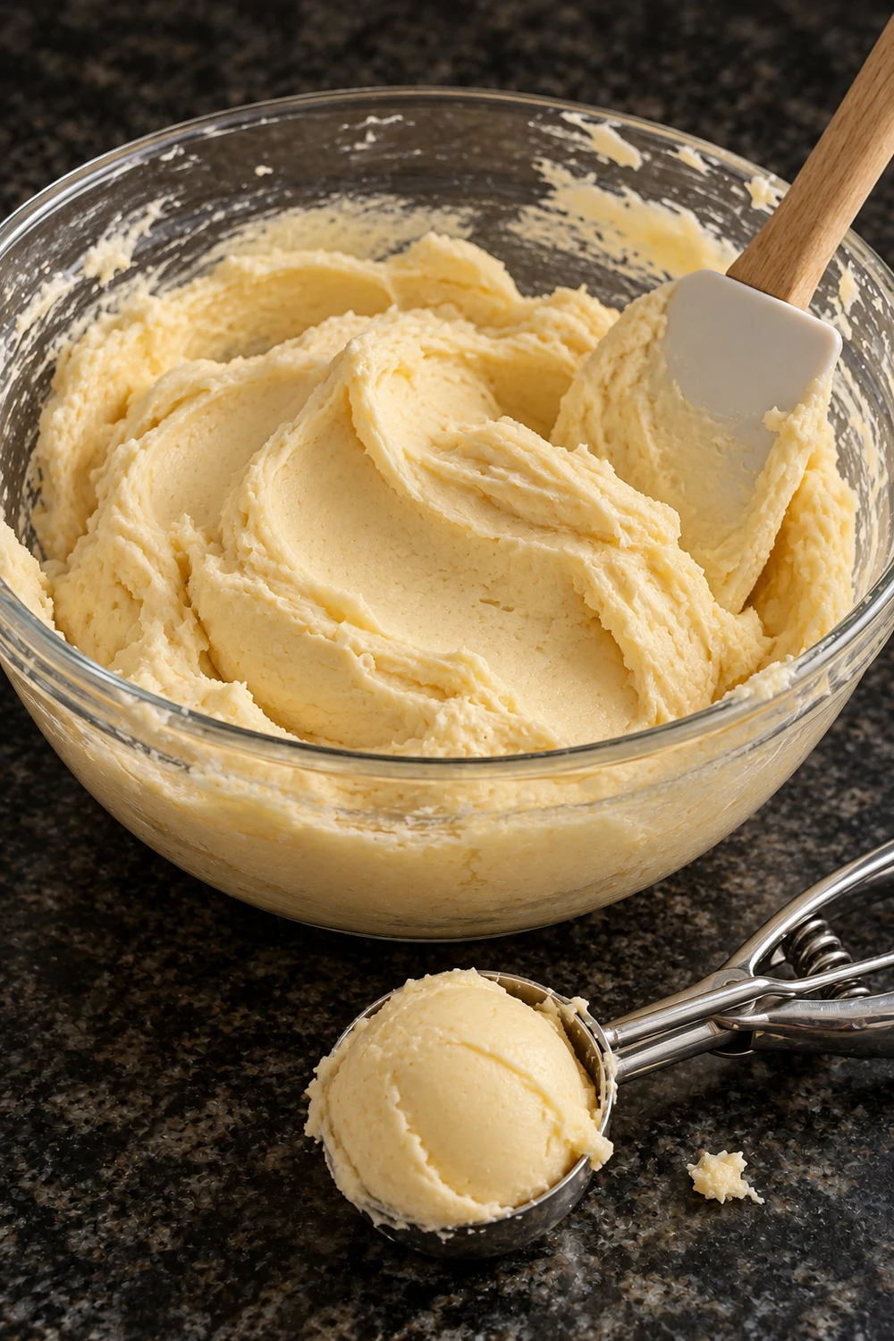 Soft pale yellow cream cheese cookie dough in a glass bowl with a spatula, and a cookie scoop holding a rounded portion on the counter.