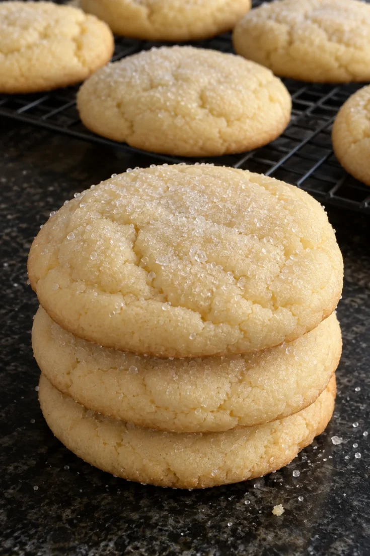 A stack of three thick cream cheese cookies with pale cracked tops and a sparkly sugar coat on a black stone counter, more cookies cooling on a wire rack behind them.