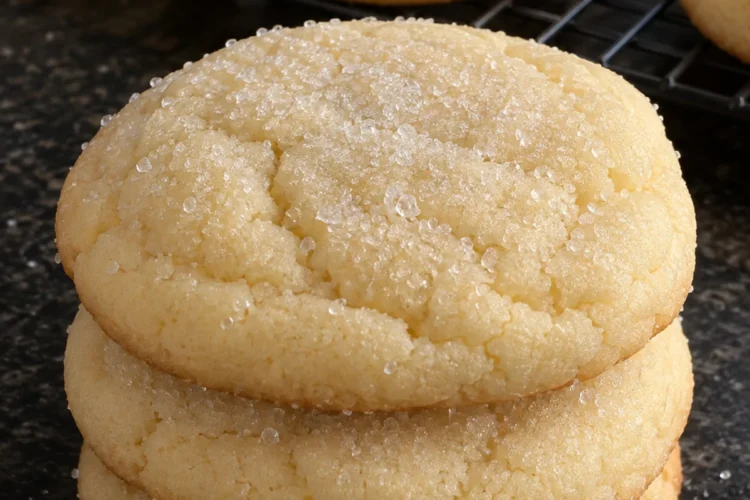 A stack of three thick cream cheese cookies with pale cracked tops and a sparkly sugar coat on a black stone counter, more cookies cooling on a wire rack behind them.
