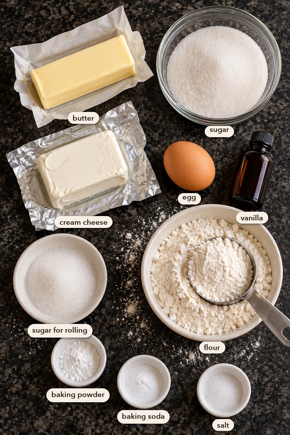 Labeled ingredients for cream cheese cookies on a black stone counter: a stick of butter, a piece of cream cheese on foil, sugar, an egg, vanilla, flour with a measuring cup, sugar for rolling, baking powder, baking soda and salt.