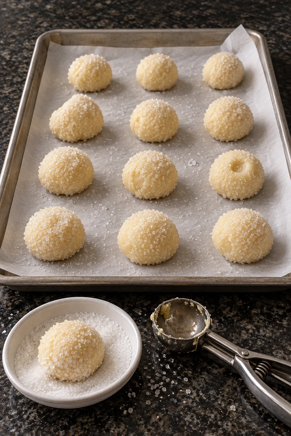 Twelve balls of cookie dough rolled in sparkling sugar on a parchment-lined sheet pan, one more ball sitting in a small dish of sugar next to a cookie scoop.