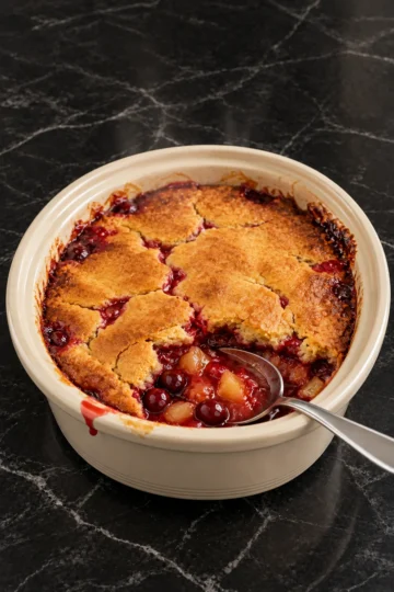 A cream stoneware slow cooker crock of cherry pineapple dump cake with a cracked golden buttery topping and glossy red cherry filling bubbling through the gaps, one spoonful scooped out at the front with a serving spoon resting in the fruit.