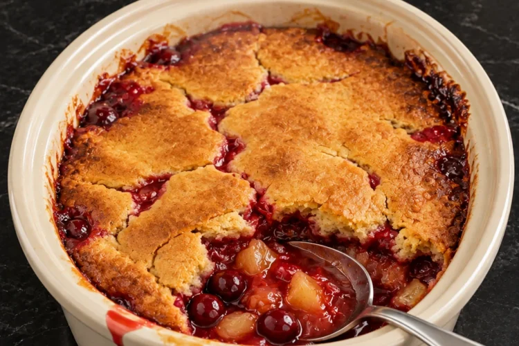 A cream stoneware slow cooker crock of cherry pineapple dump cake with a cracked golden buttery topping and glossy red cherry filling bubbling through the gaps, one spoonful scooped out at the front with a serving spoon resting in the fruit.