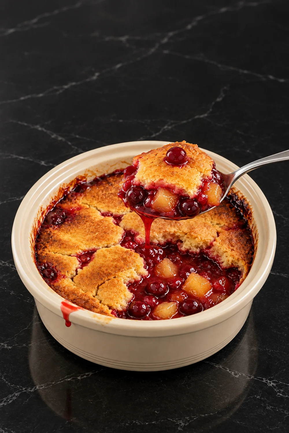 A spoon lifting a heaping scoop of golden topping, red cherries and pineapple from the slow cooker crock, with thick cherry syrup dripping back into the dump cake below.