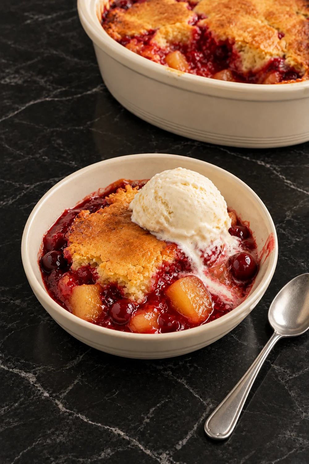 A shallow cream bowl of warm cherry pineapple dump cake with a scoop of vanilla ice cream melting into the red cherry sauce, a spoon on the marble beside it and the crock behind.