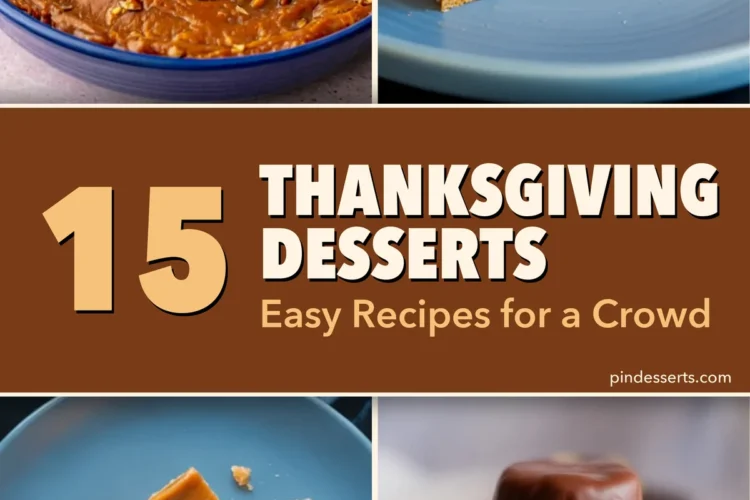 Easy Thanksgiving desserts grid: pecan pie dip, pumpkin crunch cake, a pumpkin pie bar and a pilgrim hat cookie around a band titled "15 Thanksgiving Desserts, Easy Recipes for a Crowd".