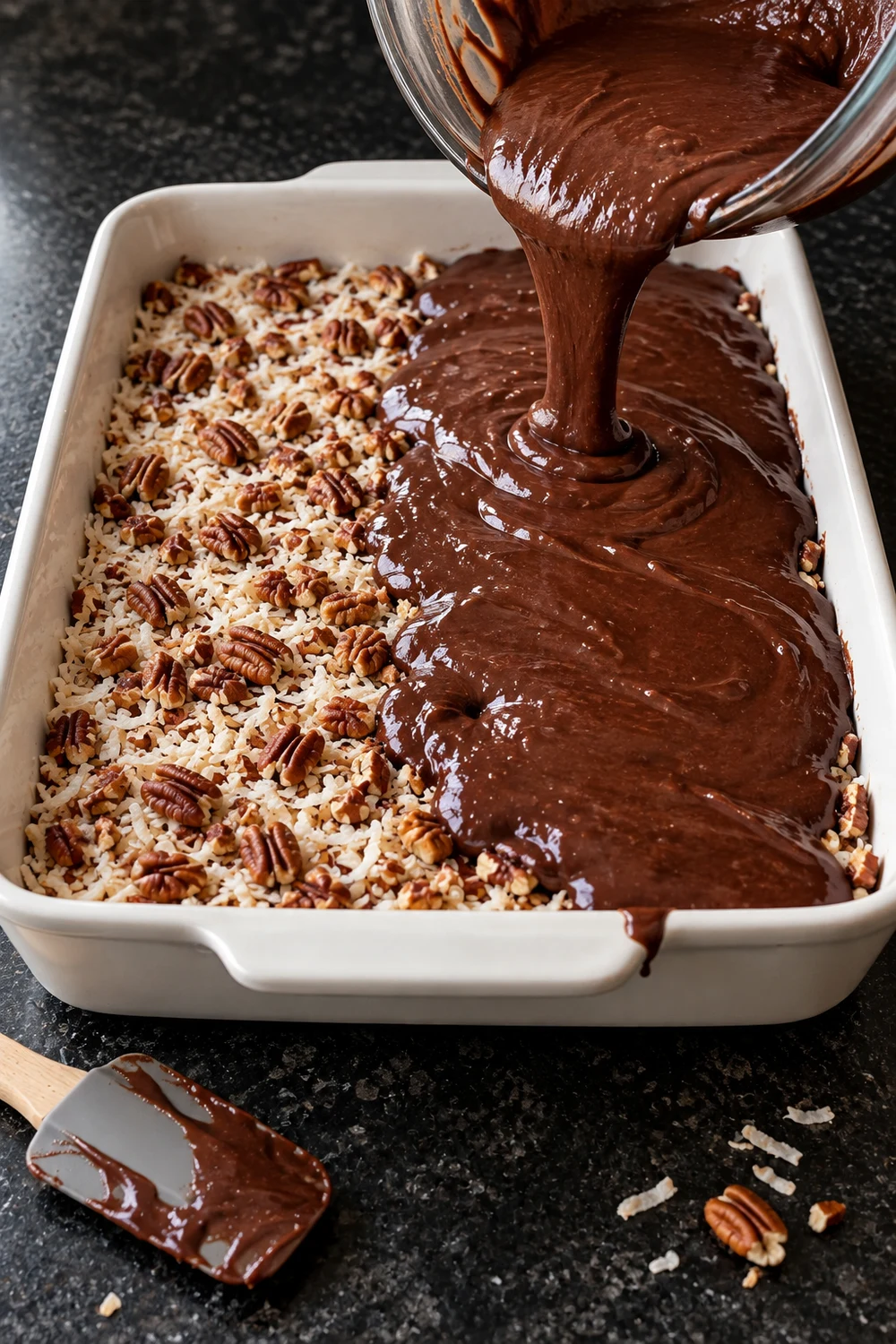 Chocolate cake batter being poured from a glass bowl over a layer of shredded coconut and pecan halves in a white 9x13 baking dish, with a batter-covered spatula on the counter.