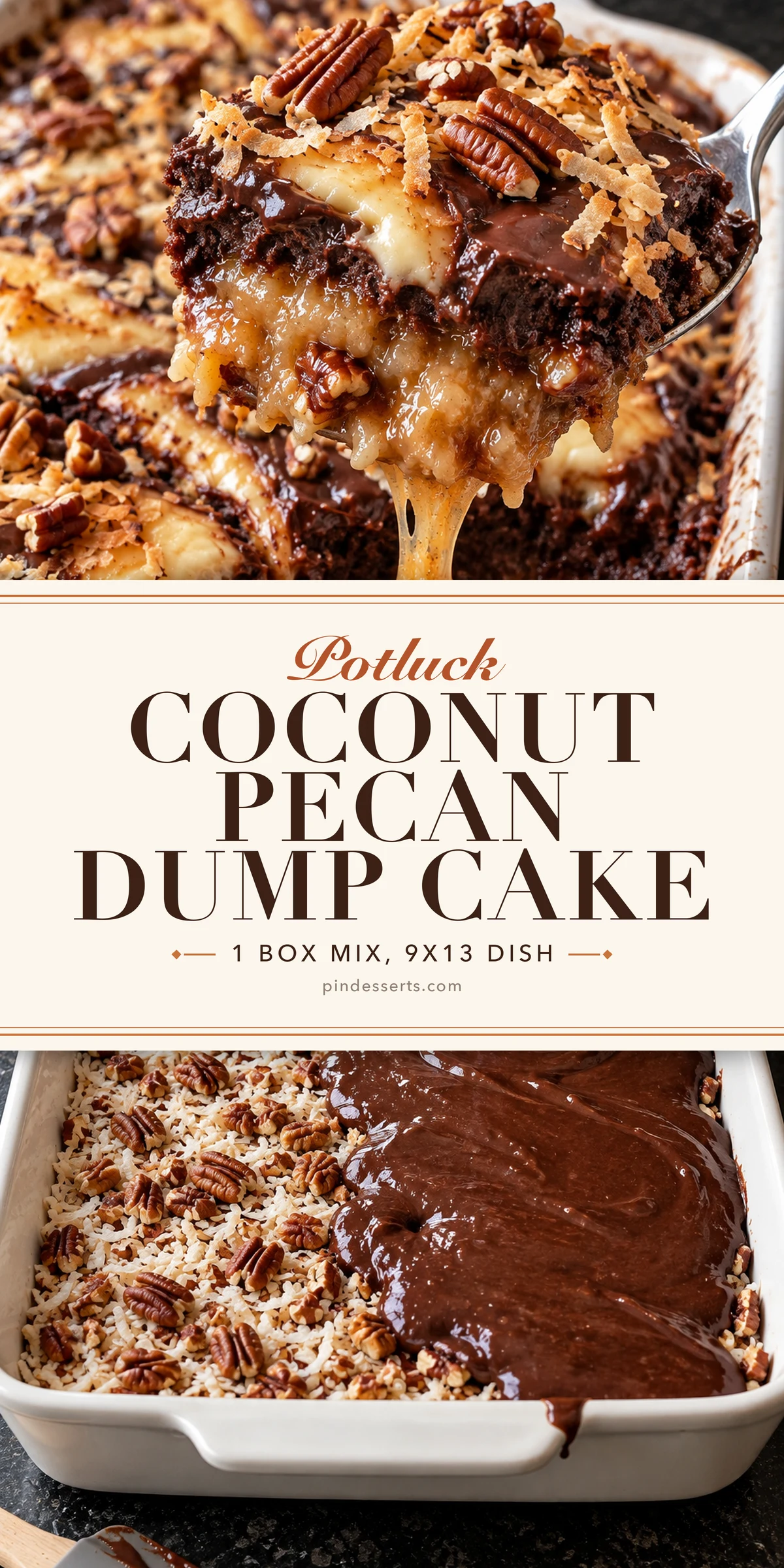 A spoonful of dump cake with a stretchy coconut pecan layer above batter being poured over coconut and pecans in a 9x13 dish, joined by an ivory panel reading "Potluck Coconut Pecan Dump Cake, 1 Box Mix, 9x13 Dish".