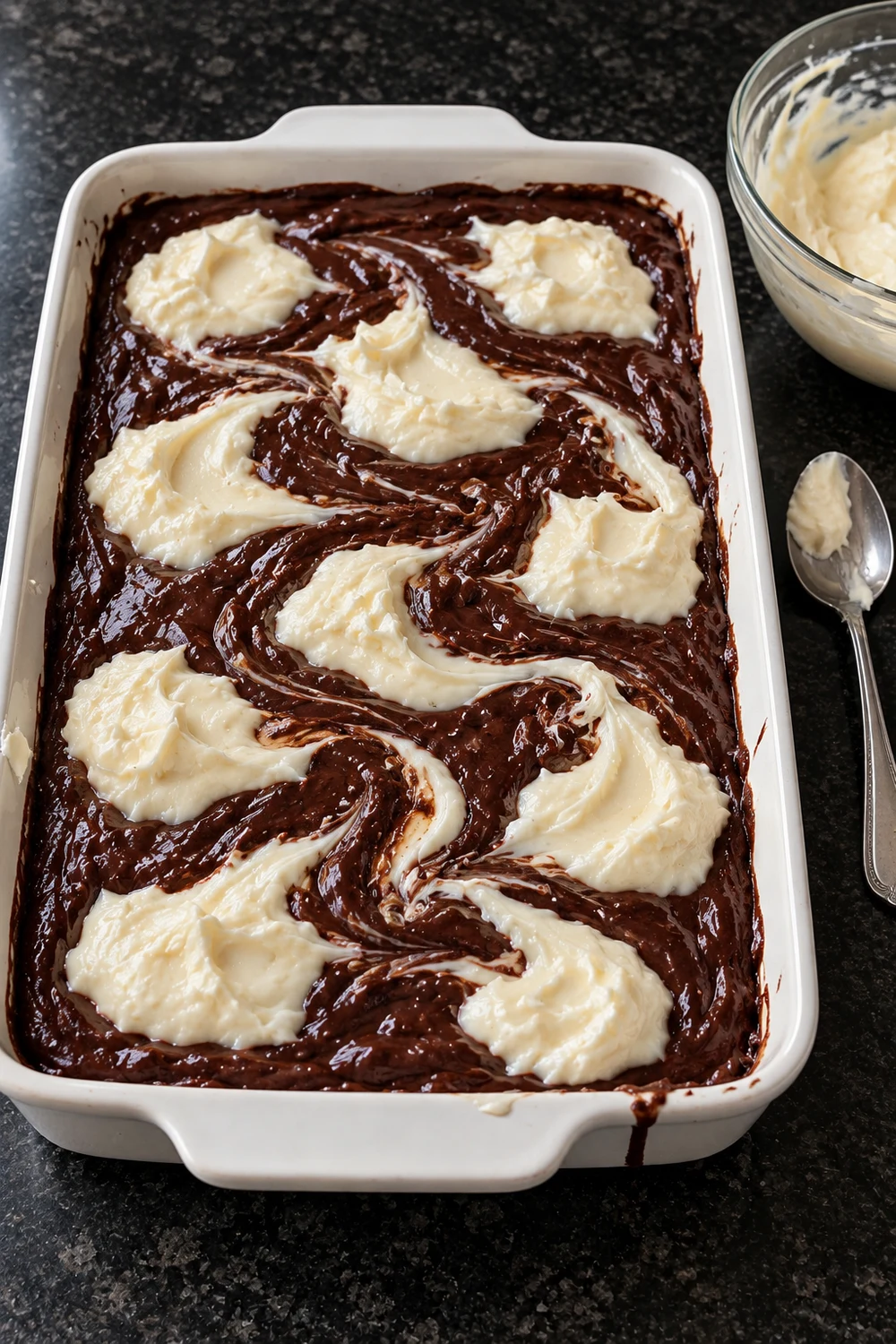 Unbaked chocolate batter in a white baking dish with mounds of cream cheese filling dropped over it and loosely swirled, beside a bowl of extra filling and a spoon.
