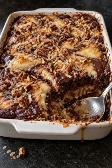 German chocolate dump cake in a white 9x13 baking dish with one corner scooped out, showing a dark chocolate top with golden cream cheese swirls, toasted coconut and pecan halves, and a gooey coconut pecan layer underneath next to a serving spoon.