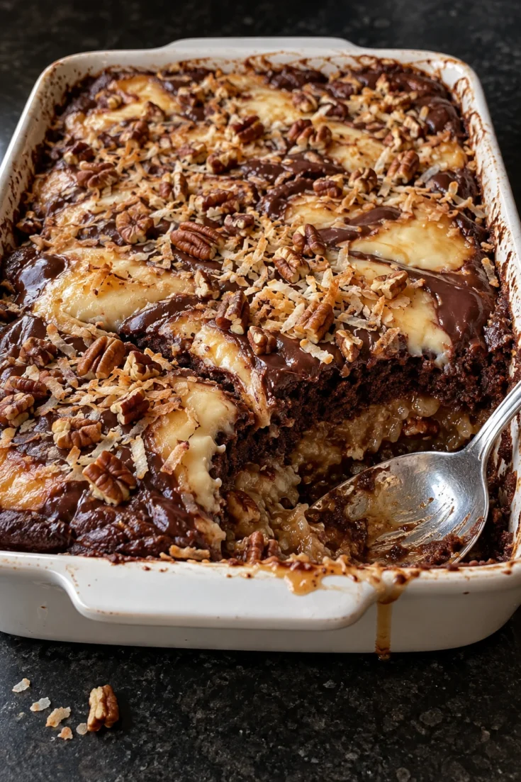 German chocolate dump cake in a white 9x13 baking dish with one corner scooped out, showing a dark chocolate top with golden cream cheese swirls, toasted coconut and pecan halves, and a gooey coconut pecan layer underneath next to a serving spoon.