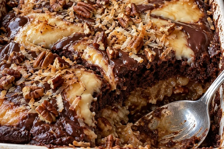 German chocolate dump cake in a white 9x13 baking dish with one corner scooped out, showing a dark chocolate top with golden cream cheese swirls, toasted coconut and pecan halves, and a gooey coconut pecan layer underneath next to a serving spoon.