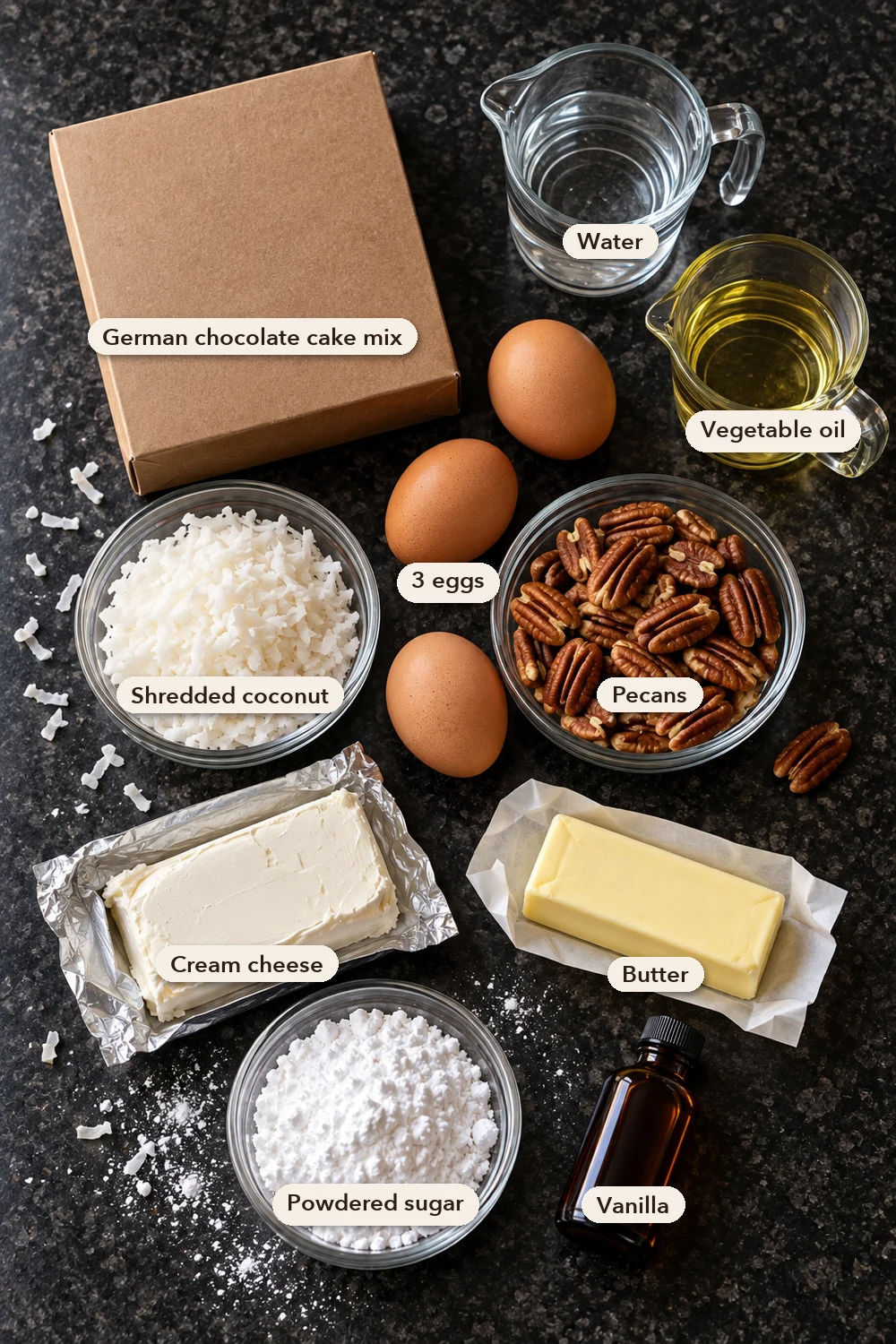 Labeled ingredients for German chocolate dump cake on a black stone counter: a box of cake mix, water, vegetable oil, three eggs, shredded coconut, pecans, a block of cream cheese, butter, powdered sugar and vanilla.