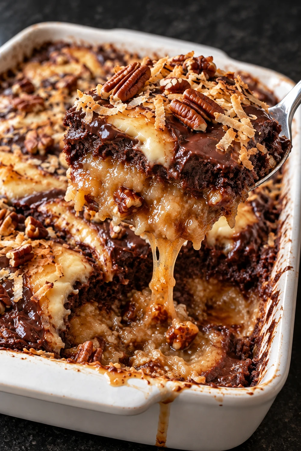 A serving spoon lifting a scoop of German chocolate dump cake from the dish, the gooey coconut pecan bottom stretching in a sticky strand under the chocolate and cream cheese top.