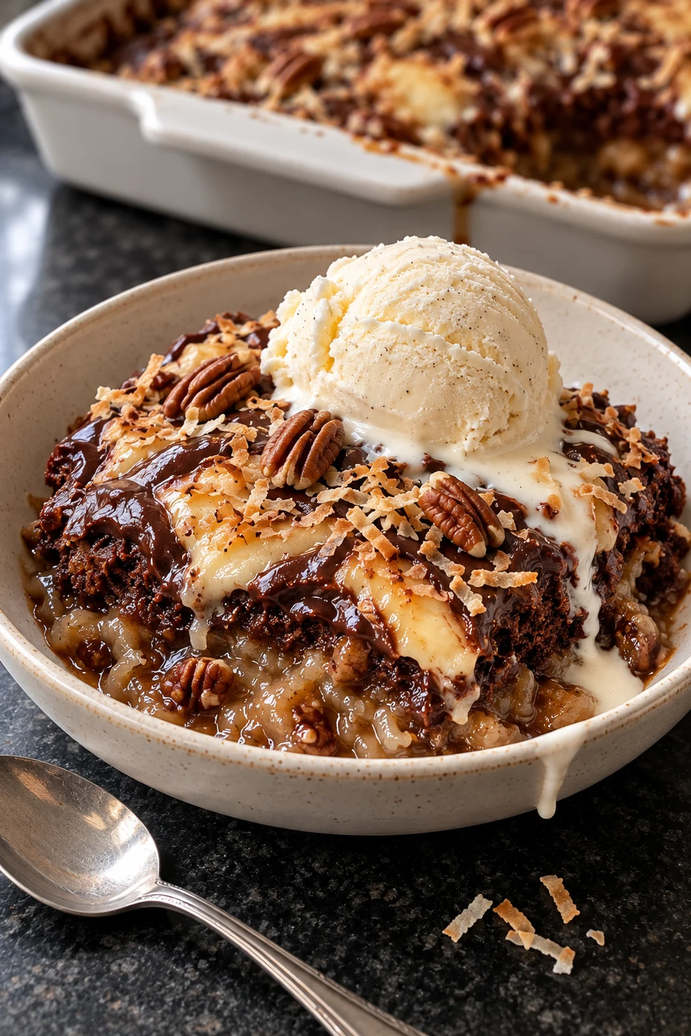 A warm serving of German chocolate dump cake in a speckled stoneware bowl, topped with a scoop of vanilla ice cream melting over coconut and pecans, with the baking dish behind.