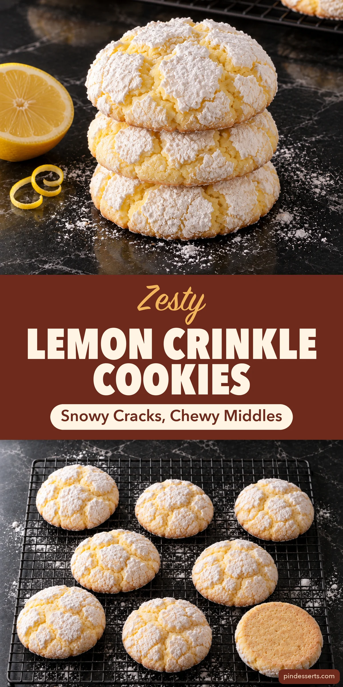 A stack of powdered sugar lemon crinkle cookies next to a lemon half above a wire rack of cookies with one flipped to show its golden bottom, split by a burgundy band reading Zesty Lemon Crinkle Cookies, Snowy Cracks, Chewy Middles.