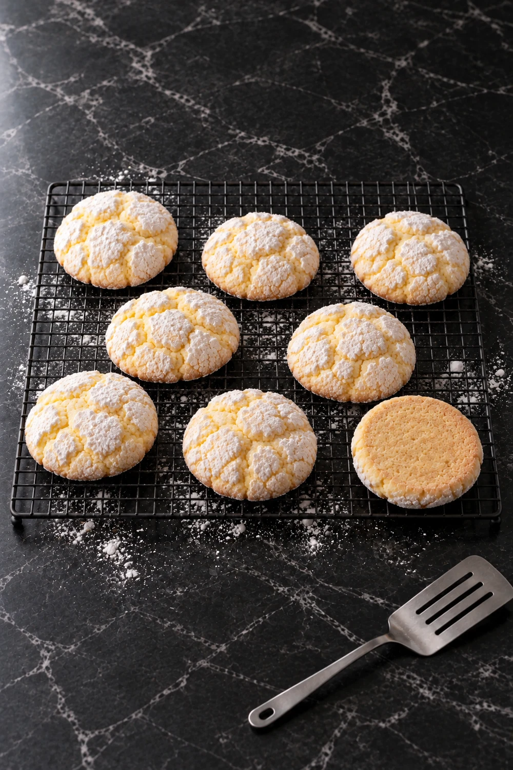 Eight lemon crinkle cookies with wide white cracks cooling on a black wire rack, one turned over to show a pale golden bottom, and a metal spatula on the counter.
