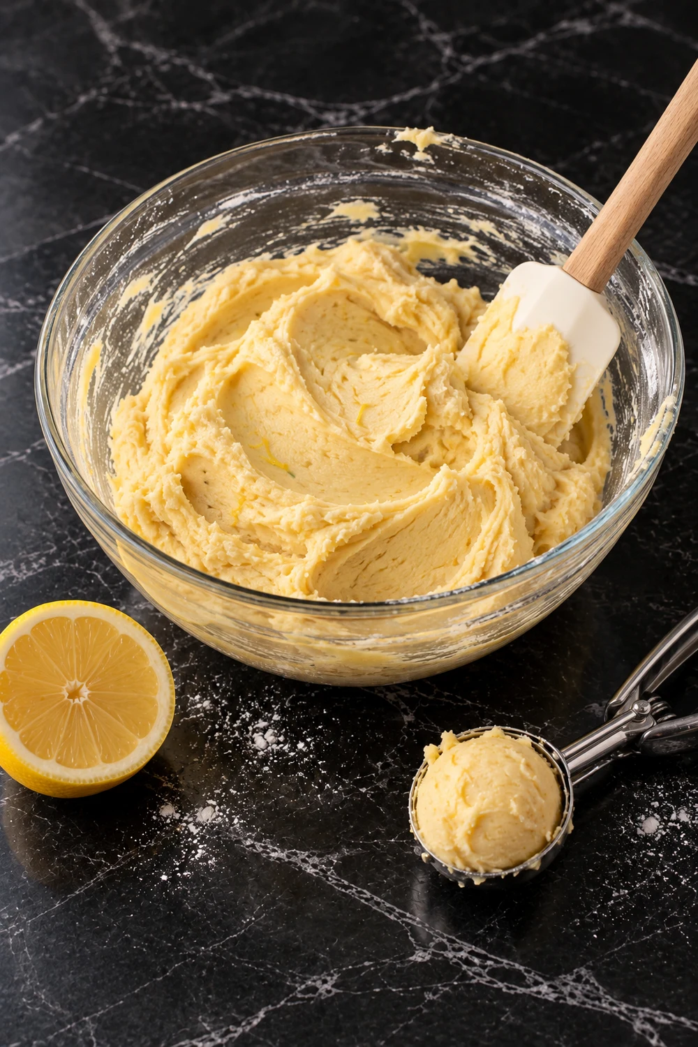 Soft pale yellow lemon cookie dough flecked with zest in a glass bowl with a spatula, a cookie scoop holding one portion and a lemon half on the counter.
