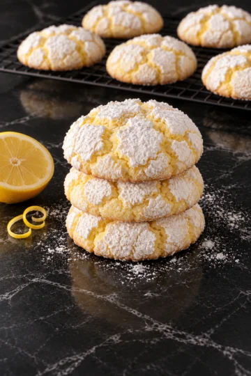A stack of three thick lemon crinkle cookies with pale yellow cracks under a heavy powdered sugar coat on a black marble counter, a lemon half and zest curls beside them and more cookies on a cooling rack behind.