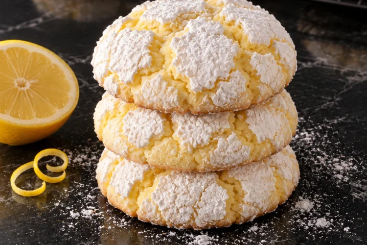 A stack of three thick lemon crinkle cookies with pale yellow cracks under a heavy powdered sugar coat on a black marble counter, a lemon half and zest curls beside them and more cookies on a cooling rack behind.