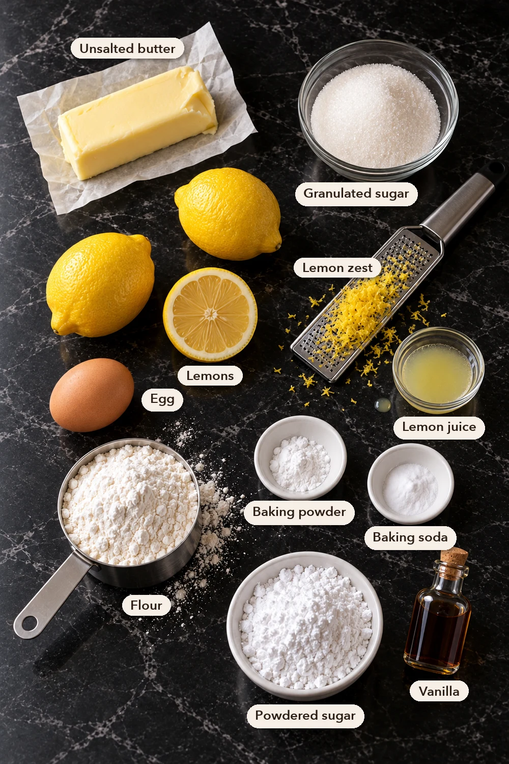 Labeled ingredients for lemon crinkle cookies on black marble: a stick of butter, a bowl of sugar, whole and halved lemons, zest on a grater, lemon juice, an egg, flour, baking powder, baking soda, powdered sugar and vanilla.