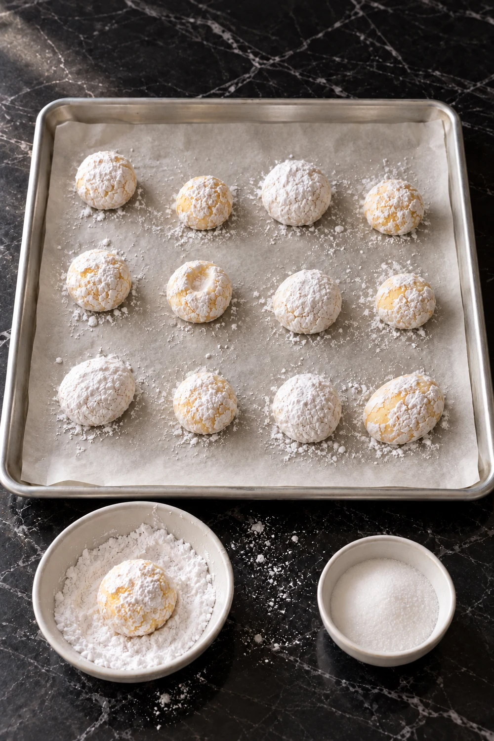 Twelve lemon dough balls coated in powdered sugar on a parchment-lined sheet pan, with a bowl of powdered sugar holding one more ball and a small bowl of granulated sugar.