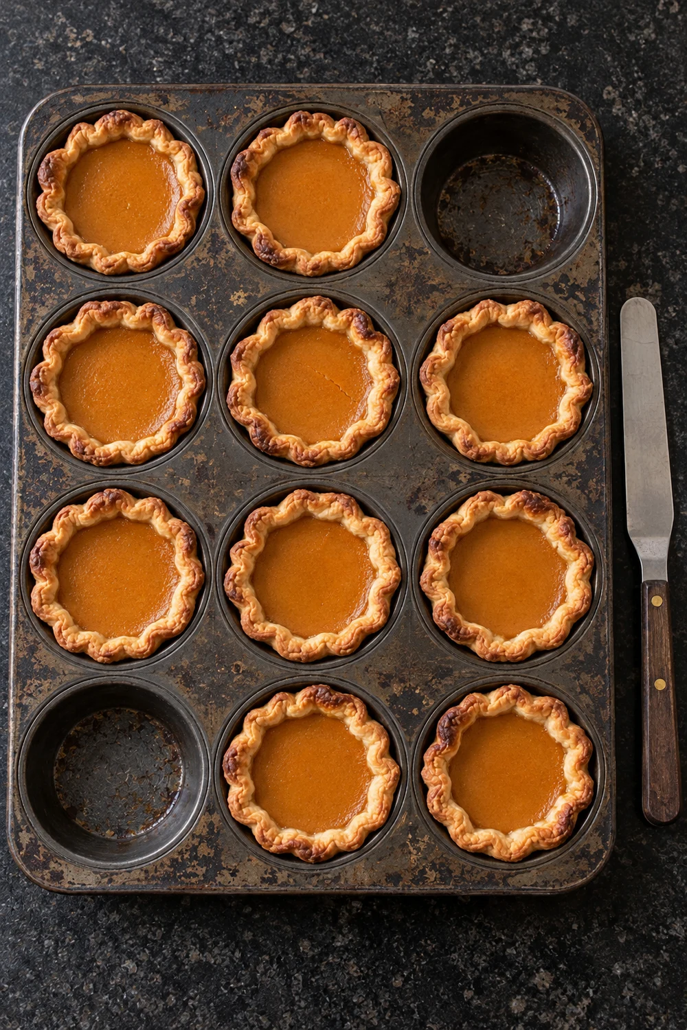 Overhead view of baked mini pumpkin pies cooling in a dark 12-cup muffin tin, two cups empty, golden crimped crusts around set orange filling and an offset spatula beside the tin.