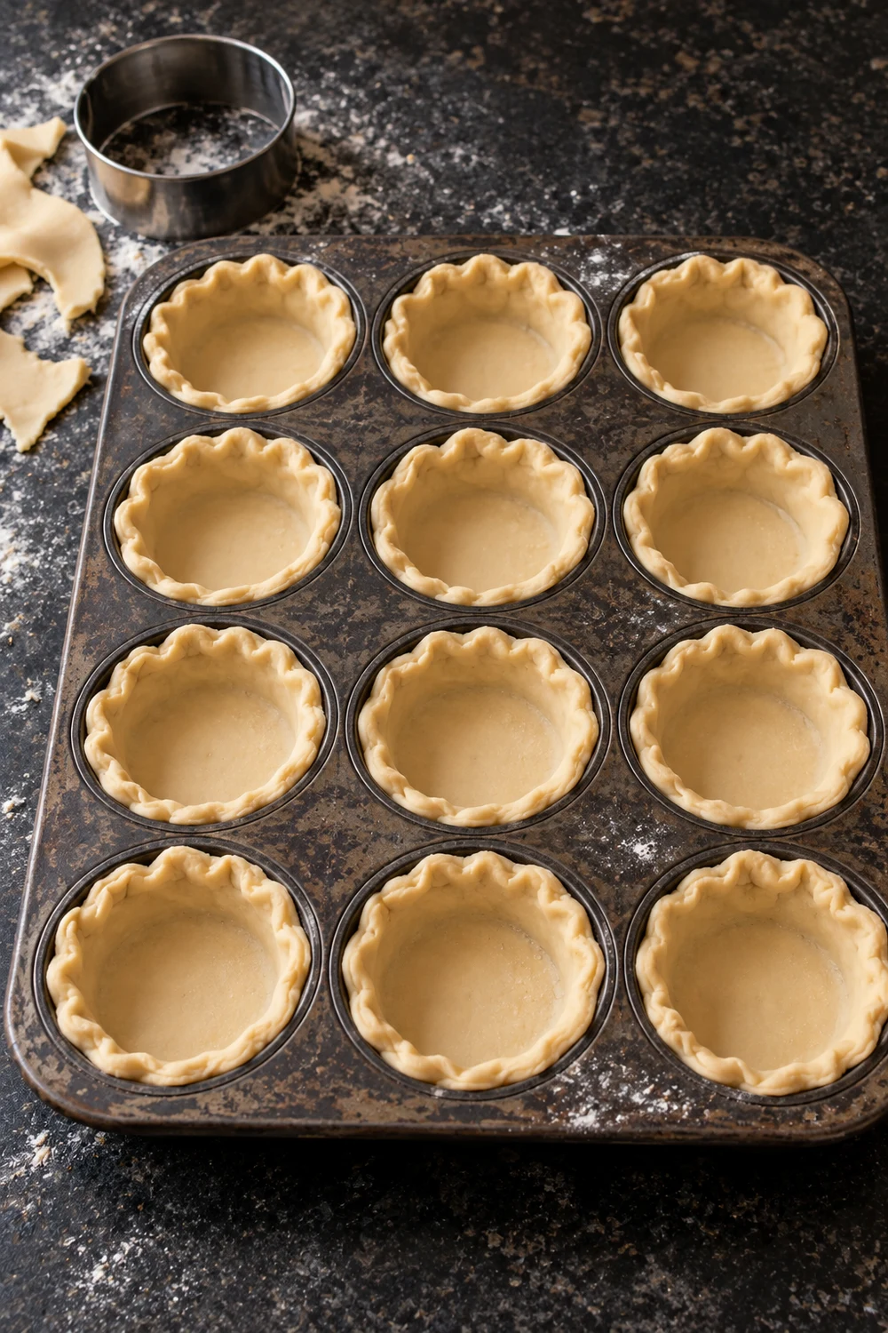 Raw pie dough rounds pressed into all 12 cups of a dark muffin tin with crimped edges above the rims, a round cutter and dough scraps on the floured counter.