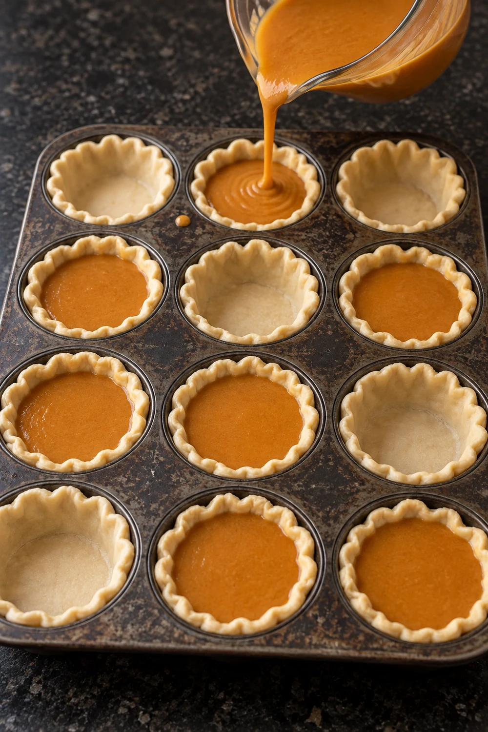 Smooth orange pumpkin pie filling pouring from a glass measuring cup into raw pastry cups in a muffin tin, half of the cups already filled three quarters full.