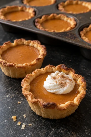 Two mini pumpkin pies on a black stone counter in front of a dark muffin tin of more pies, the front one topped with a dollop of whipped cream and cinnamon, showing flaky pleated crust edges around smooth orange pumpkin filling.