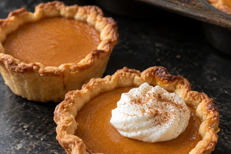 Two mini pumpkin pies on a black stone counter in front of a dark muffin tin of more pies, the front one topped with a dollop of whipped cream and cinnamon, showing flaky pleated crust edges around smooth orange pumpkin filling.