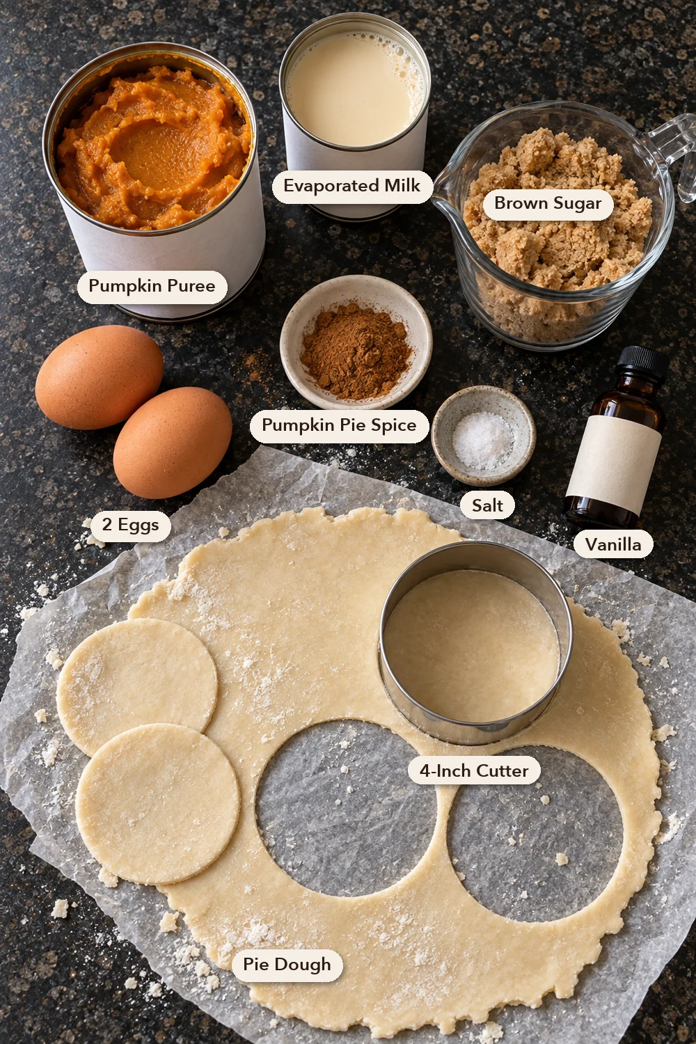Labeled ingredients for mini pumpkin pies: an open can of pumpkin puree, evaporated milk, brown sugar, two eggs, pumpkin pie spice, salt, vanilla and rolled pie dough with a 4-inch round cutter on parchment.