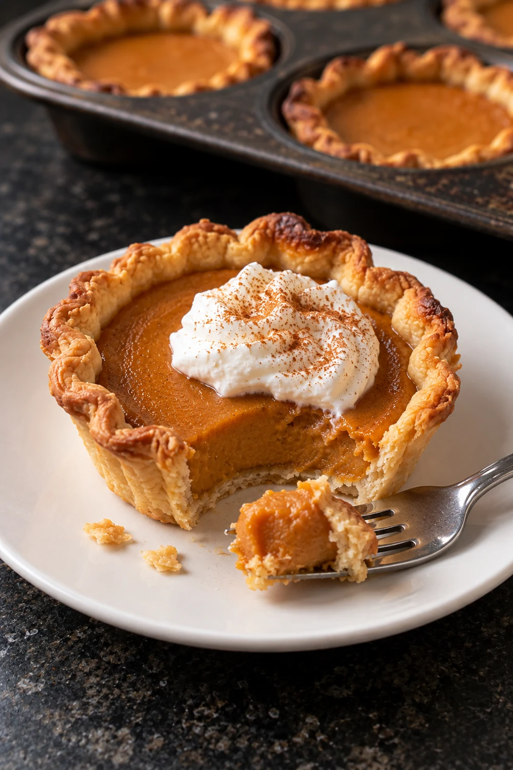 A mini pumpkin pie with whipped cream on a white plate, a forkful taken from the front to show the silky pumpkin custard and thin flaky crust, the fork resting beside it.