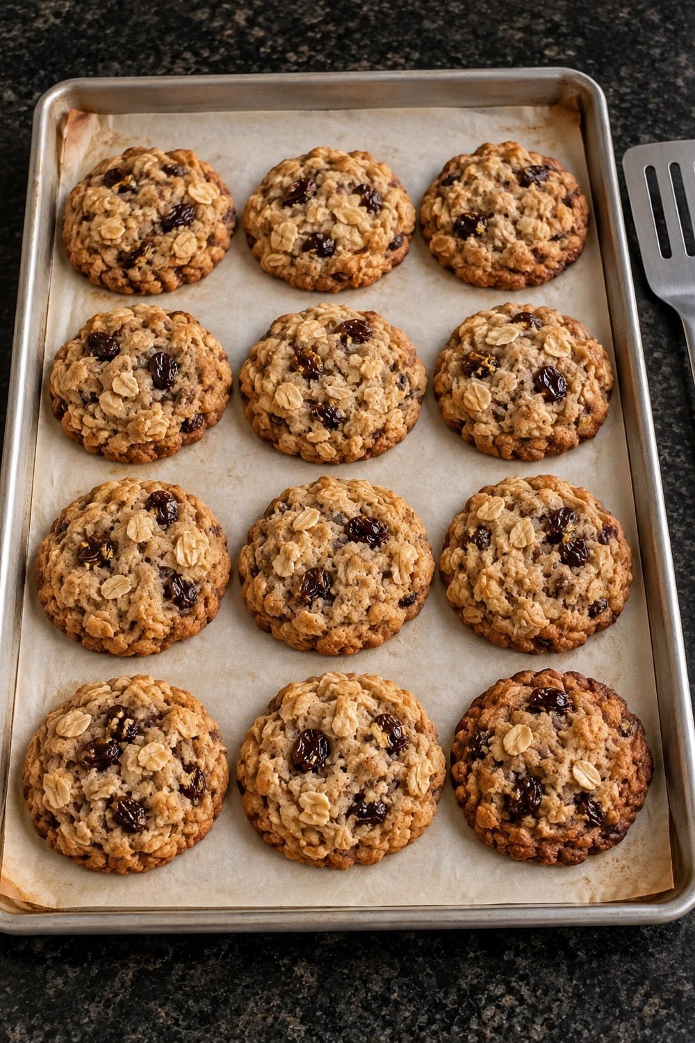 A sheet pan of freshly baked oatmeal raisin cookies on parchment, golden at the edges with soft pale centers, next to a metal spatula.
