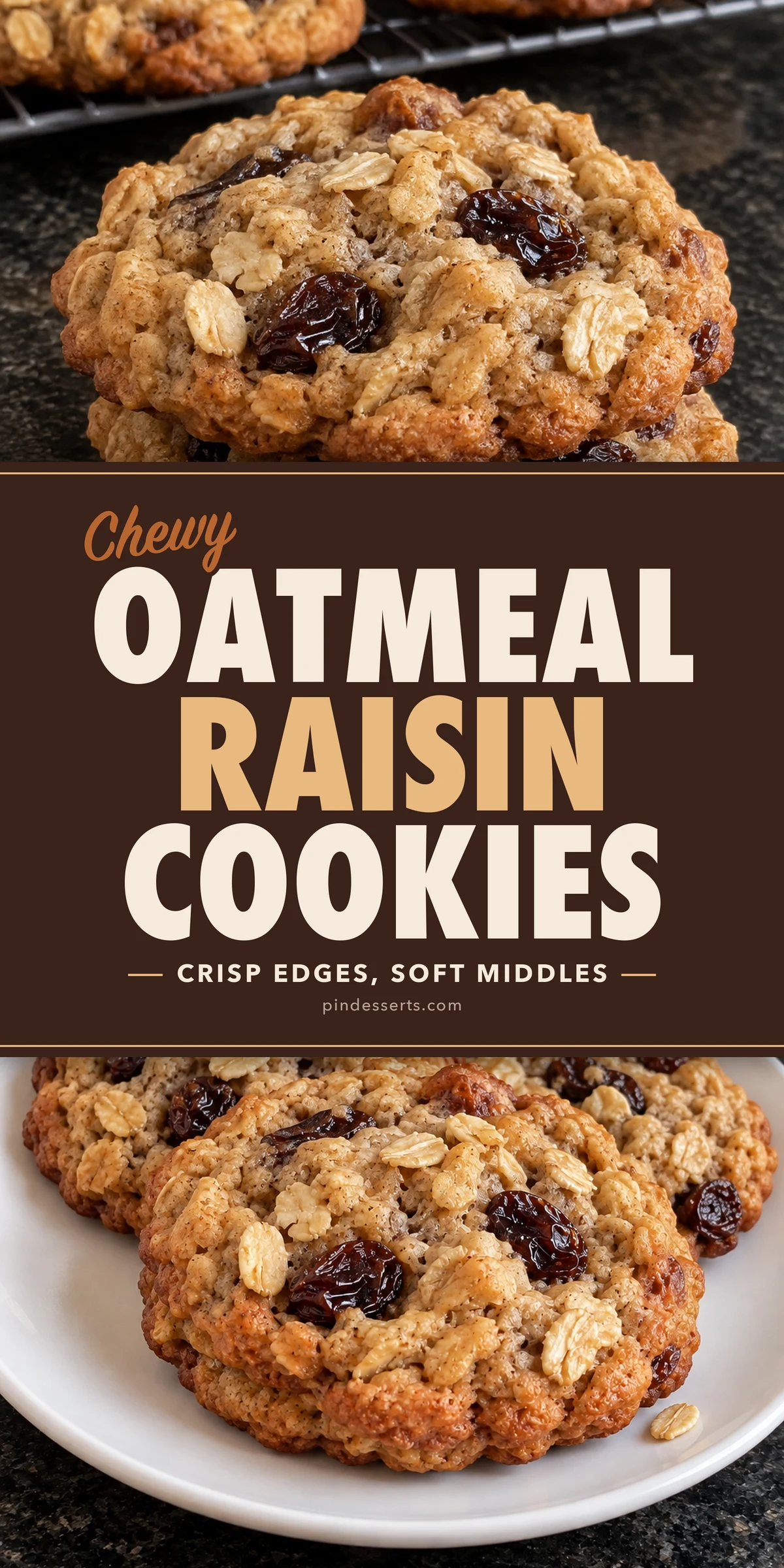 Oatmeal raisin cookies stacked on a counter above a plate of three cookies, split by a dark brown poster panel with "Chewy Oatmeal Raisin Cookies" and "Crisp Edges, Soft Middles".