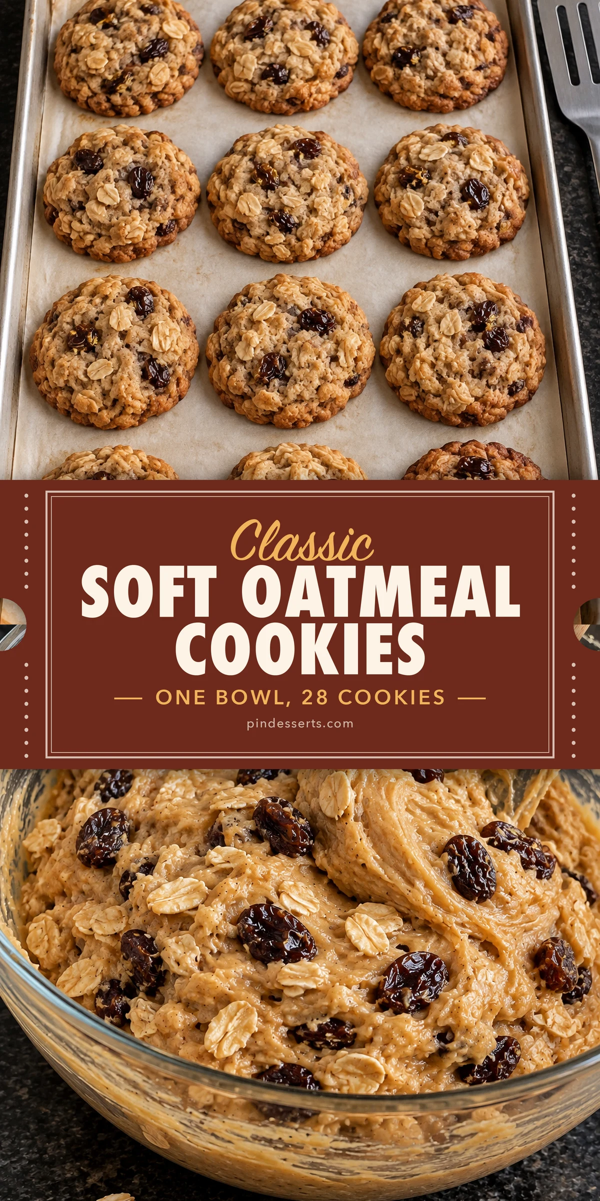 Baked oatmeal cookies on a sheet pan above a bowl of raisin-studded dough, joined by a red ticket-style label: "Classic Soft Oatmeal Cookies, One Bowl, 28 Cookies".