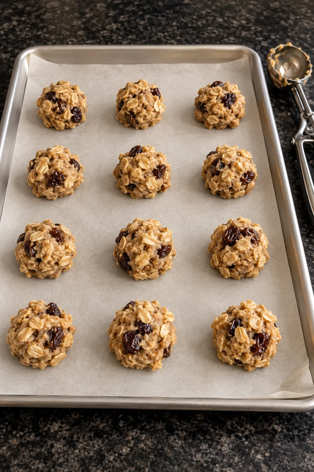 Twelve scooped balls of oatmeal raisin cookie dough in rows on a parchment-lined sheet pan, with a cookie scoop resting beside the pan.